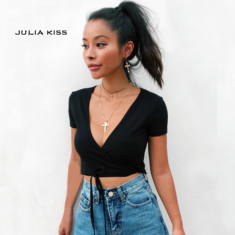 

Women V Neck Crisscross Tie Crop Tee With Wrap Detail Short Sleeve Crop Tops Y200109, Gray