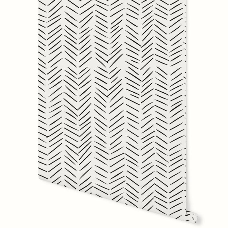 

Modern delicate herringbone wallpaper in black and white, Scandinavian design, Minimalist Chevron removable non-woven wallpaper, As pic