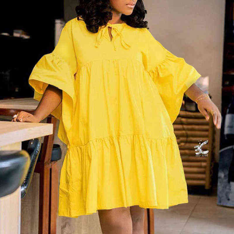 

VONDA 2021 Women 3/4 Sleeve Party Pleated Dresses Loose Flare Sleeves Plain Mini Robe Bohemian Vestidos Femininos Short Sundress G1223, Black