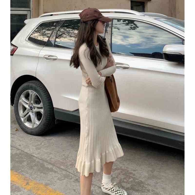 

Knitting Dress Spring Autumn Elegant Chic Round Neck Slim Fishtail Ruffled Stitching Solid Versatile Dresses, Black;gray