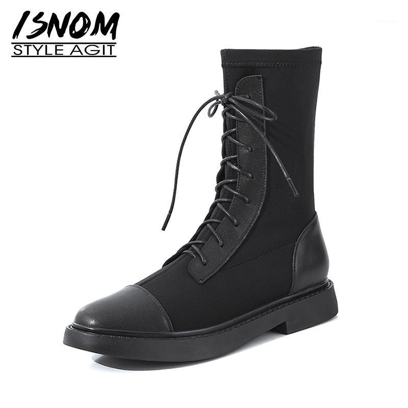 

ISNOM 2020 New Arrival Ankle Boots Lace Up Flat Short Booties Casual Genuine Leather Shoes Women Round Toe Autumn Boot Platform1, White