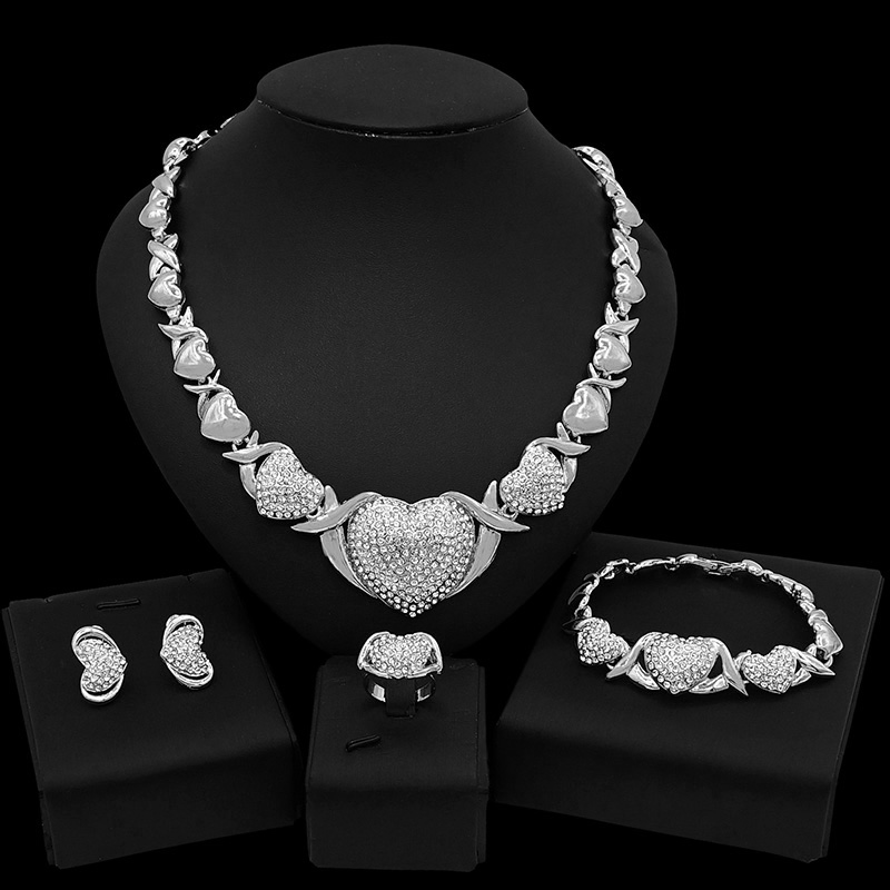 

Yulaili Classic Silver Color Heart Design XO Crystal Rhinestone Necklace Earrings Bracelet Ring Jewelry Sets for Women Gifts Free Shipping
