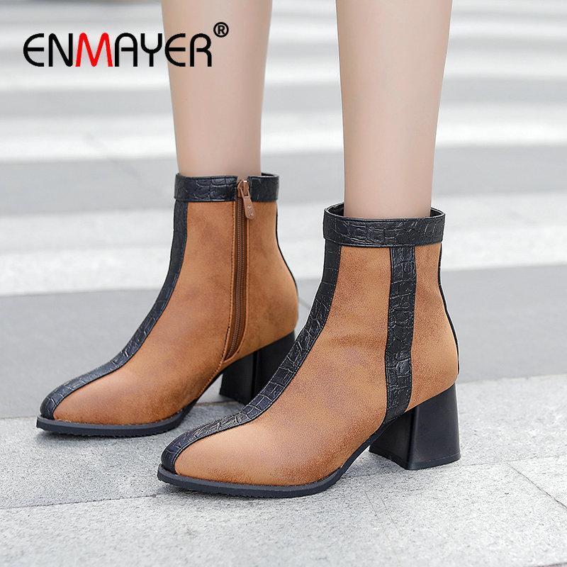 

ENMAYER 2020 Women Shoes Basic PU Pointed Toe Winter Boots Women Sexy Square Heel Short Plush Ankle Boots for Size 34-431, Black