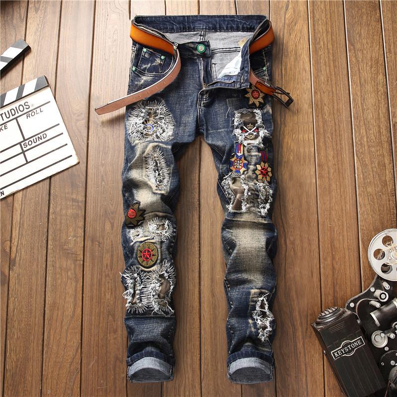 

design new winter in Europe and the blue embroidered garment micro hole hole in men's jeans 65 cattle and feet, See chart