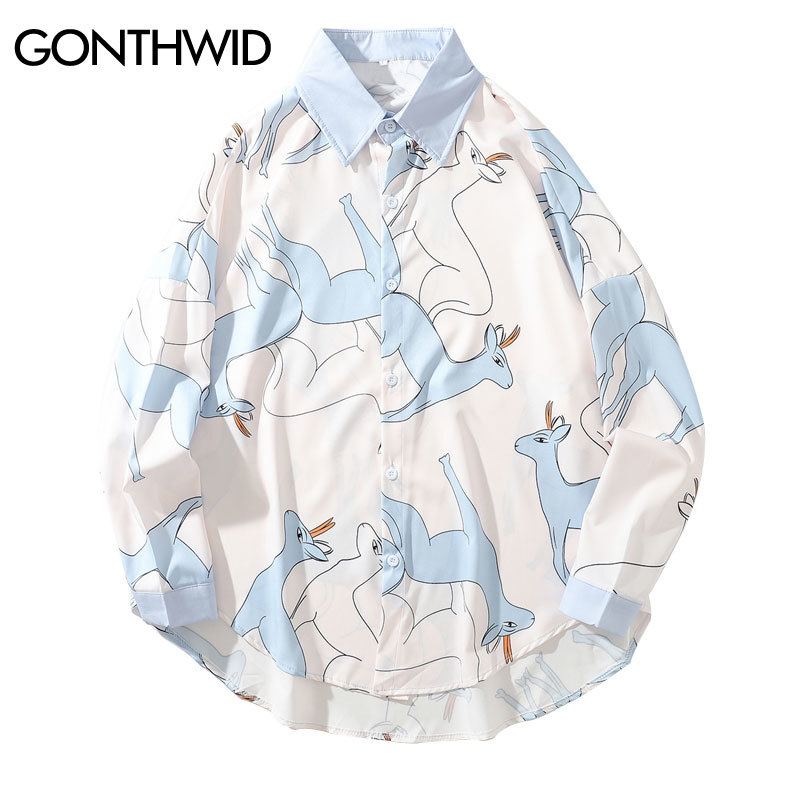 

Harajuku Deer Print Dress Shirts Men Fashion Hip Hop Streetwear Casual Long Sleeve Button Down Shirt Tops Hipster Shirt, Light pink