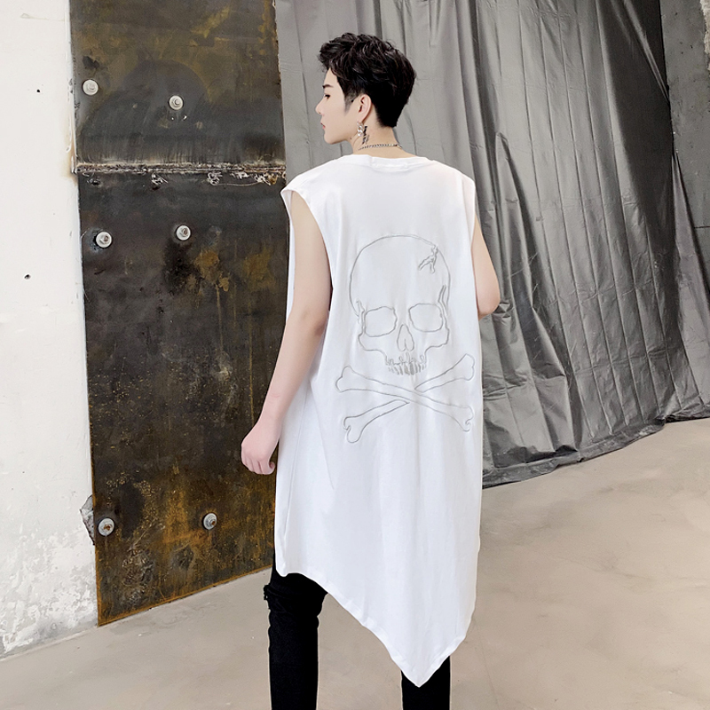 

2021 New Alternate Summer Skull Embroidered Front Short Round Sleeveless Shirt Vest Long GT4S, White