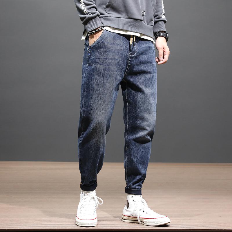 

Korean Style Fashion Men Jeans High Quality Loose Fit Denim Harem Pants Streetwear Elastic Retro Blue Hip Hop Wide Leg Trousers