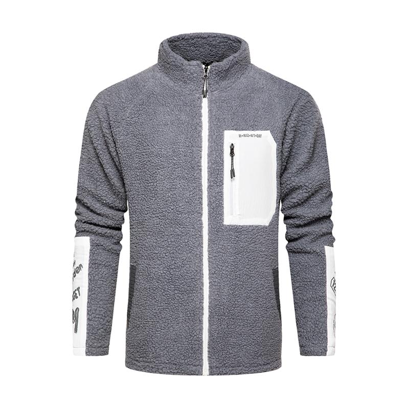 

Covrlge Men Plus Velvet Thick Warm Personalized Pocket Contrast Color Stitching Lamb Wool Sweater Cardigan Jacket Men MWK020, Beige