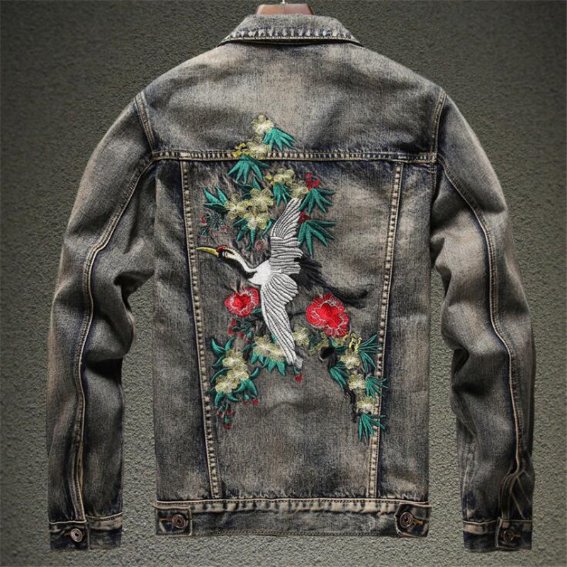 Free Shipping New Men's crane embroidery long sleeve denim jacket Vintage gray blue slim embroidered coat Top outerwear 201116Z