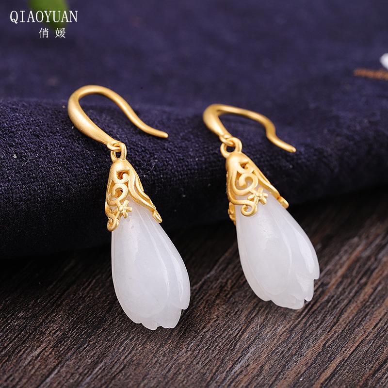

Stud Jade Earrings 925 Silver Gold Small Women's Jewelry Sterling Vintage Hetian Stone Gemstone Orchid Earings