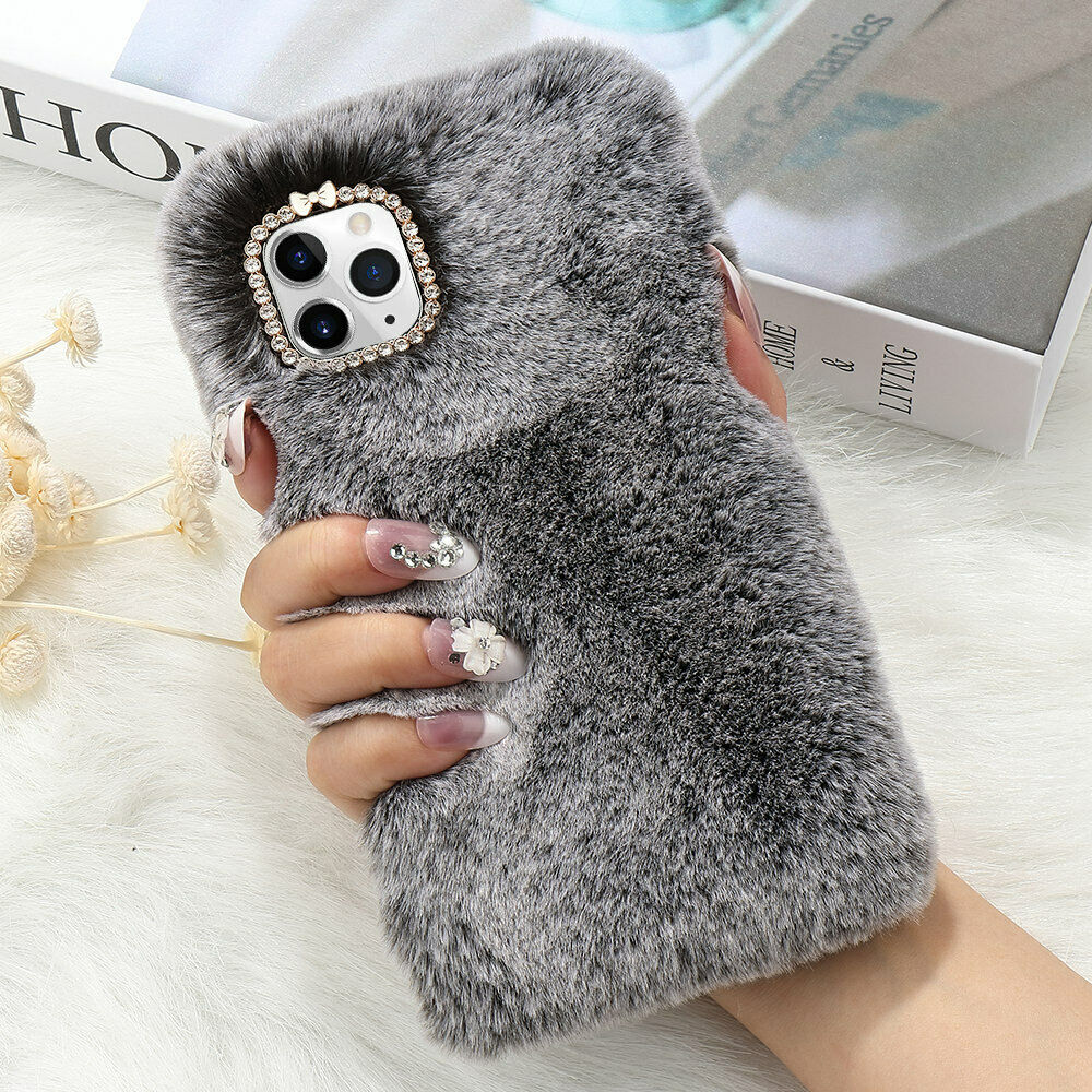 

For iPhone 11 Pro 8 Plus XR XS MAX Cases Warm Fluffy Furry Plush Hairy Phone Case Cover Cute Winter Rabbit Soft Fur Rhinestone, Rose red