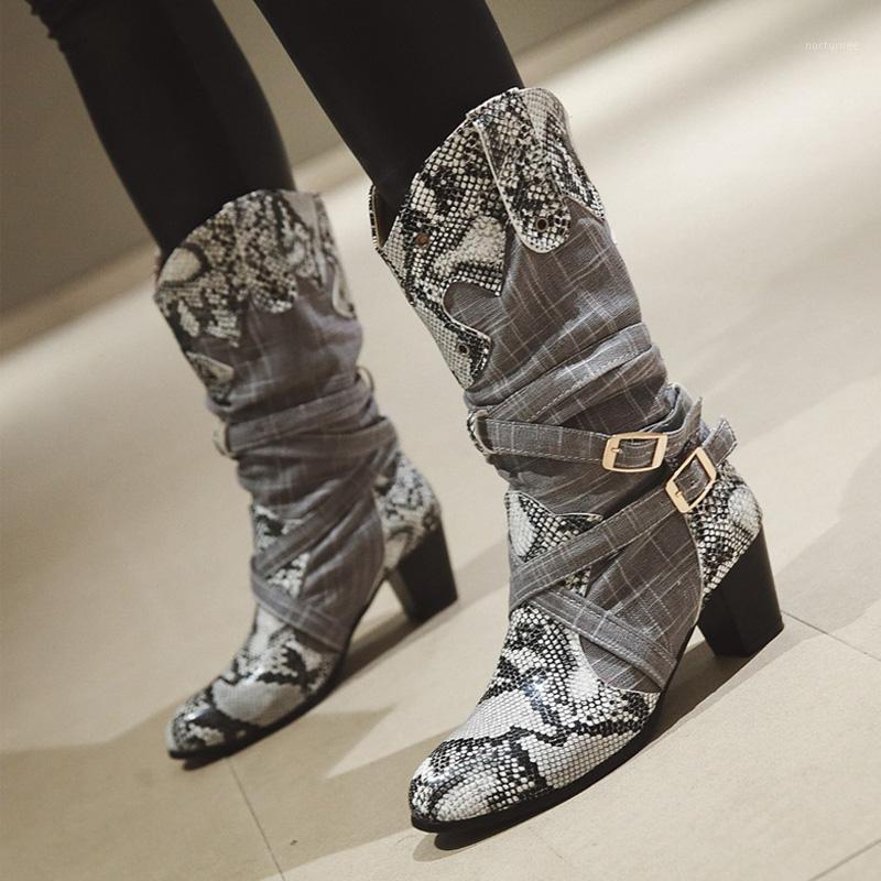 

AIWEIYi Woman Winter Snow Boots Ladies Western Cowboy Boots Snake Print Mid Calf Winter Shoes Women Botas Mujer Fur1, Gray