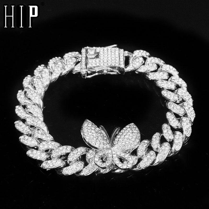 

Hip Hop Full Bling Miami Cuban Chain With Butterfly Iced Out Men's Bracelet Rhinestone Zircon Paved Bracelet for Men Jewelry