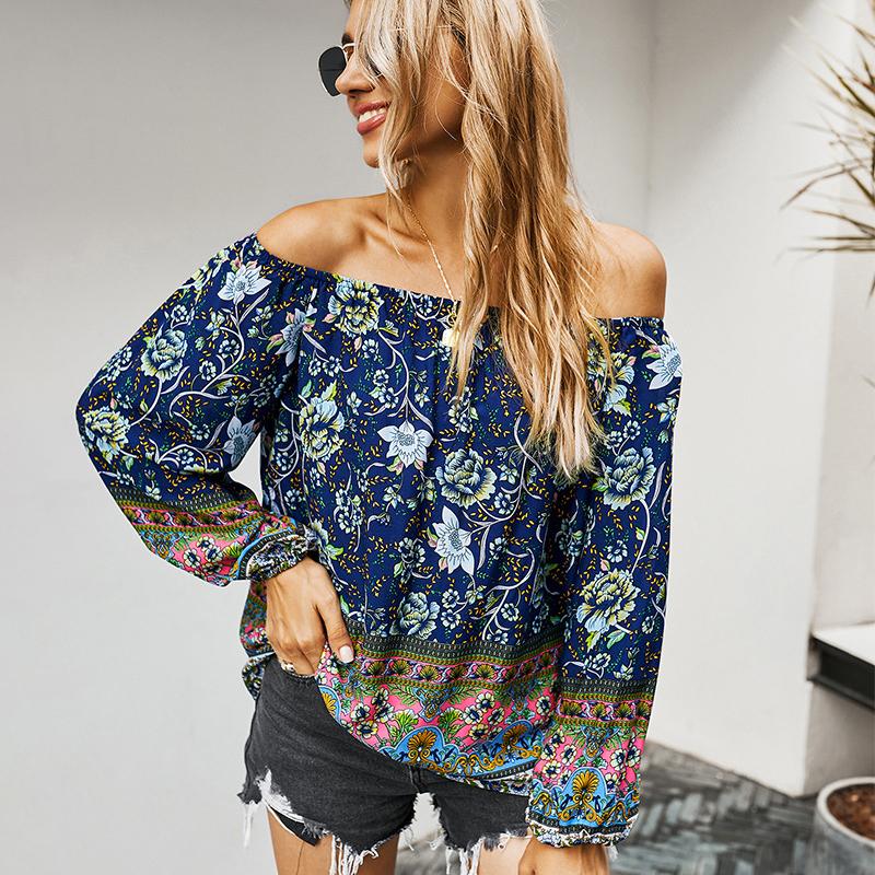 

Vintage Print T Shirt for Women Off The Shoulder Sexy Tops for Women Full Sleeves 2020 Fashion Clothing Autumn Bohemian Shirts, Blue
