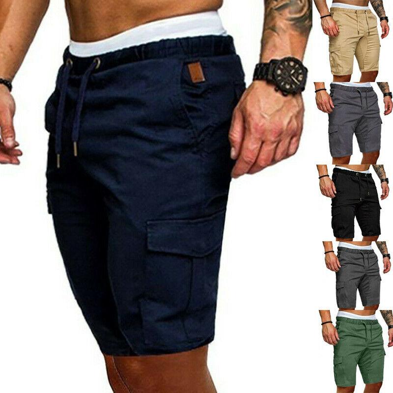 

Fashionable men's cargo shorts pants casual summer beach sports gym trousers plain elastic, Black