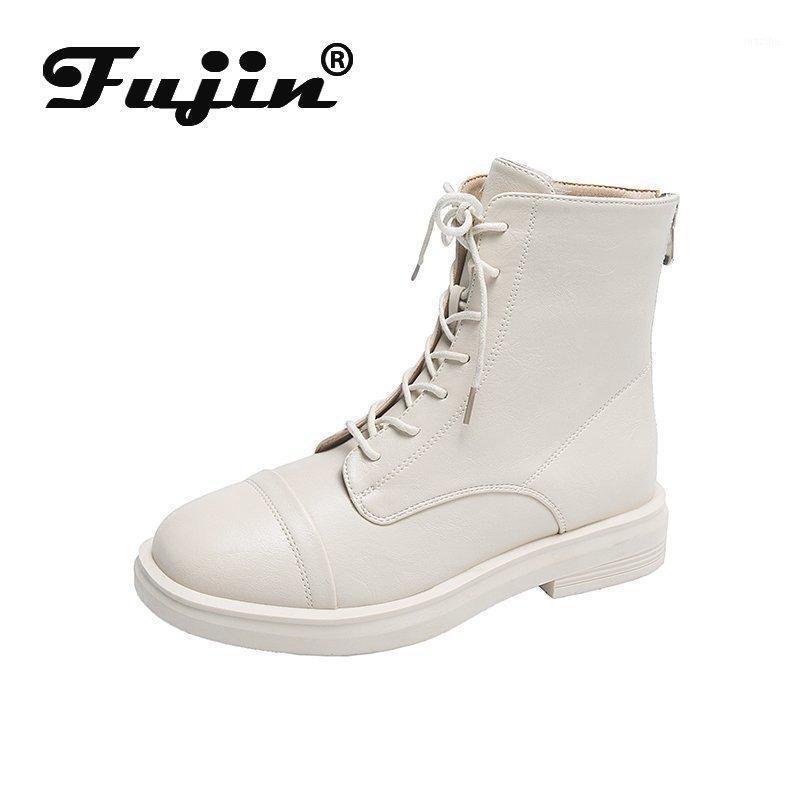

Fujin Single Boots Women's 2020 Spring New Short Boots Fashion Autumn Breathable Round Toe Lace Platform Flat Bottom Ankle1, Black