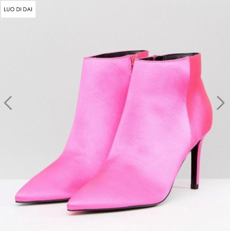 

2020 spring fashion women hot pink boots thin heel boots women ankle booties pink silk ladies dress shoes point toe