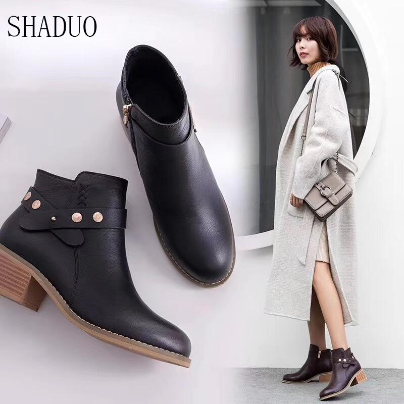 

2020 shaduo women GenuineLeather wedge ankle boots 5cm, Black