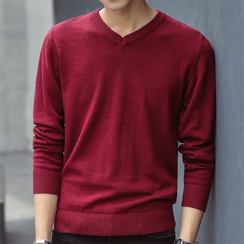 

Sweater Men Autumn Casual Pullovers Men V-Neck Solid Cotton Knitted Brand Clothing Slim Fit Male Sweaters Pull Homme 201201, Black