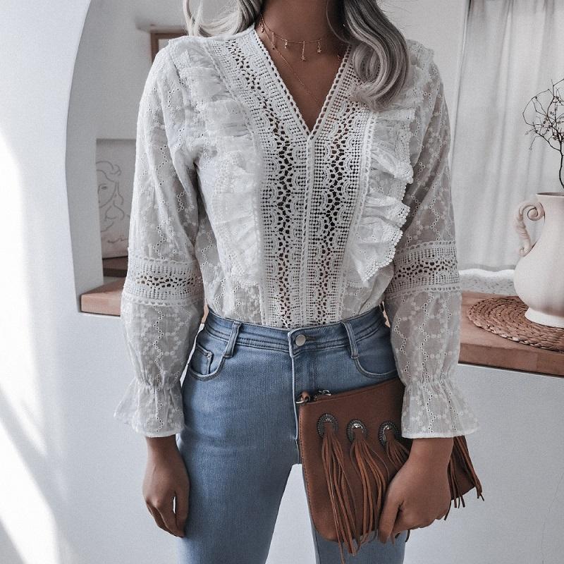 

Shirt for women fashion 2021 Summer ruffled flared long-sleeved casual lace shirt top vintage long sleeve blouse women tops, White