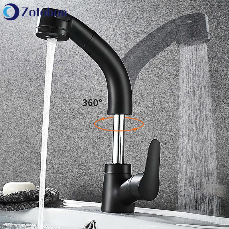 

ZOTOBON Bathroom Basin Faucets Brass 360 Rotation Single Hole Mixer Cold and Hot Taps Pull Out Two Modes Lifting Faucets H268