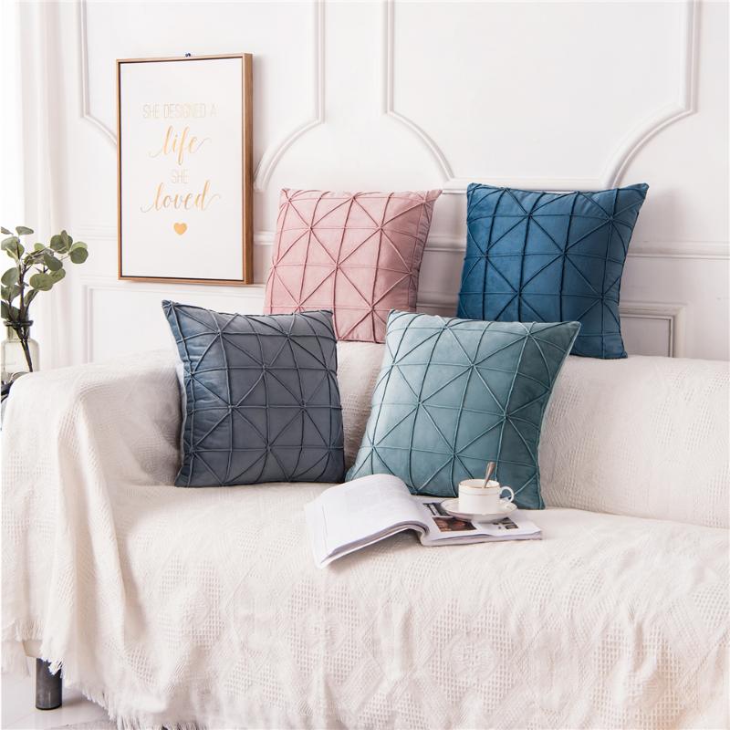 

Solid Color Velvet Cushion Cover Blue Pink Plaid Geometric Pillowcase 45*45 Home Decorative Pillows For Sofa Throw Pillow Covers