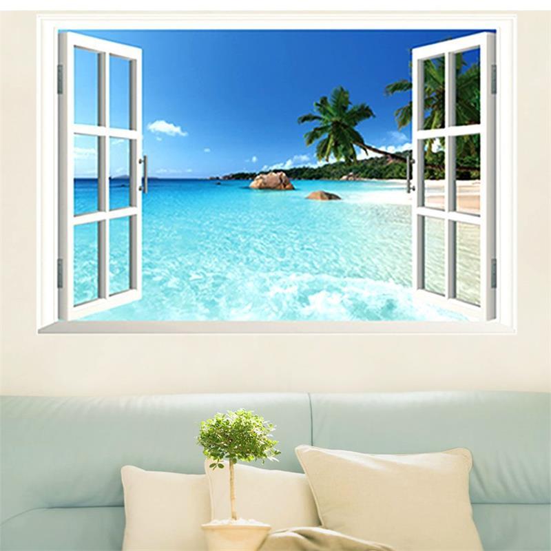 

3D Fake Window Wall Stickers For Living Room Decorations Home Decals Coconut Sea Beach PVC Scenery M
