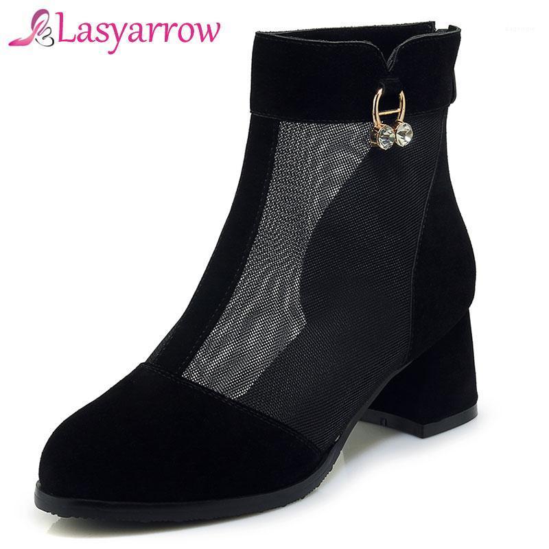 

Lasyarrow Summer Ankle Boots For Women Chunky High Heels Round Toe Casual Spring Female Solid Black Short Boots Plus Size J6111