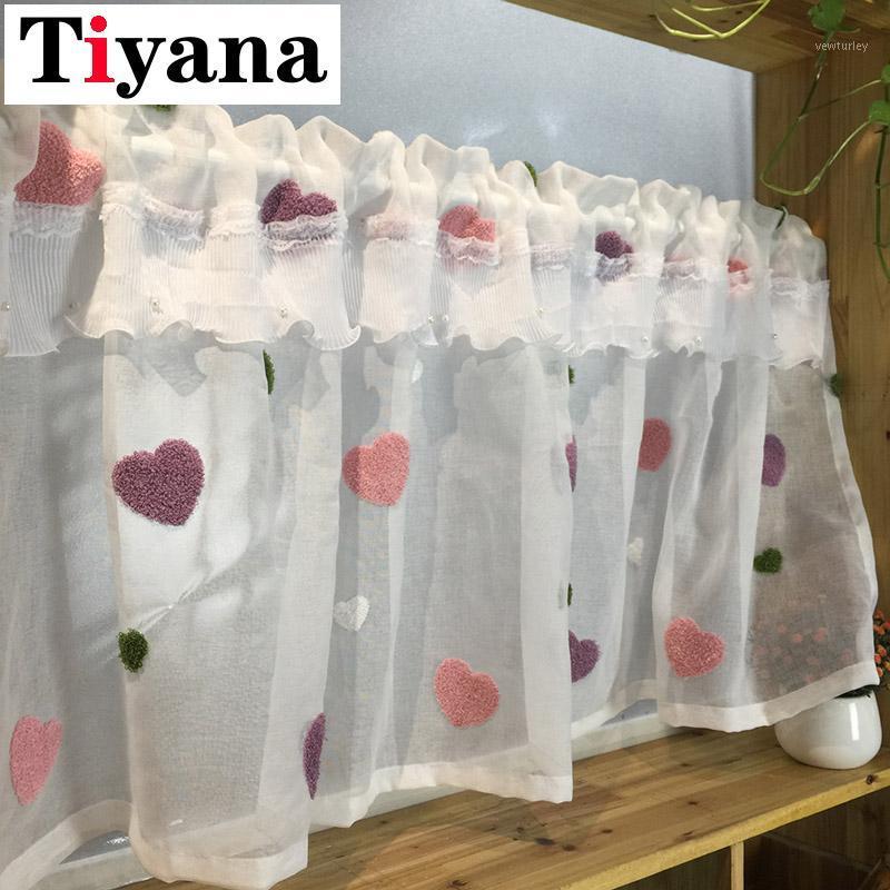 

White Curtain for Girls Room Cute Love Window Drapes Sheer Tulle for Kitchen Living Room Treatment Short Curtains Decor M057Y1, 1 pc