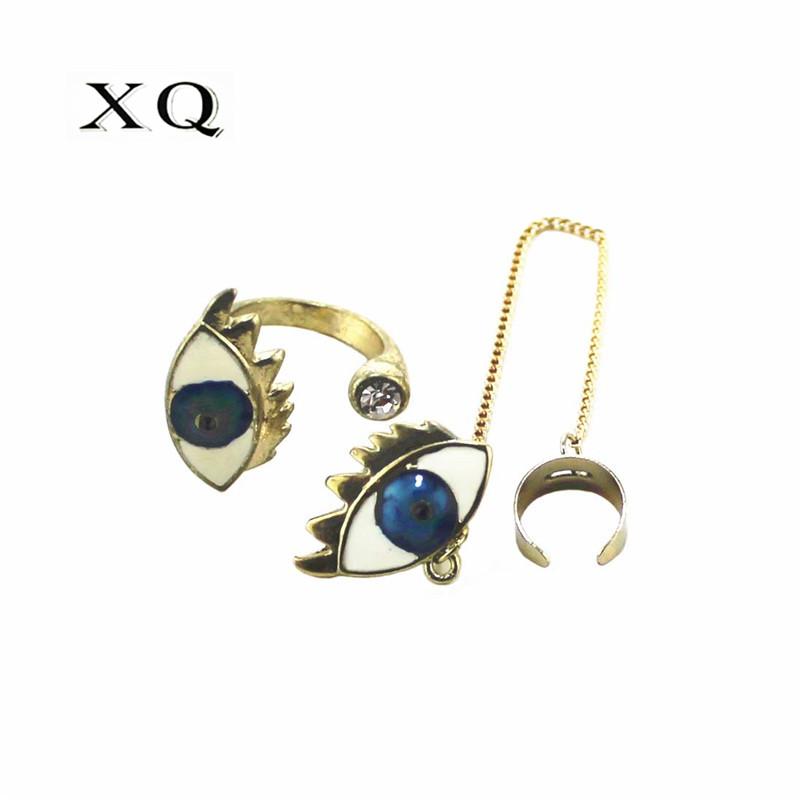 

XQ popular Unilateral earrings blue eye chain long enamel earrings opening adjustable ring jewelry set for women, As pic