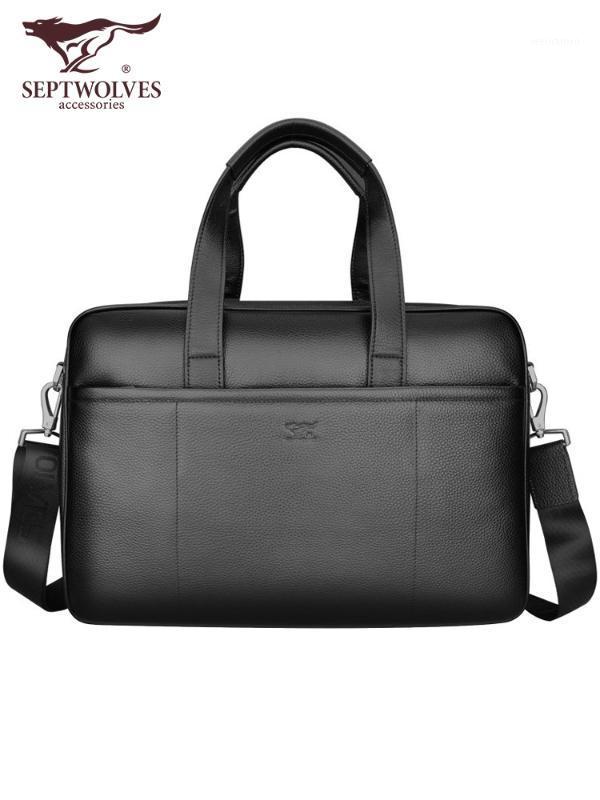 

Septwolves brand men bag genuine leather handbag shoulder bags business men briefcase laptop bag1, Black