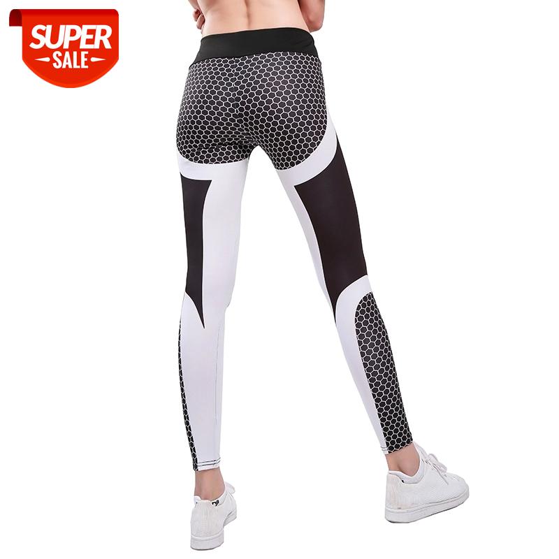 

NORMOV Fitness Women's Leggings Honeycomb Printed Workout Pants Black White Breathable Slimming Elasticity Girl Leggings #LG4j