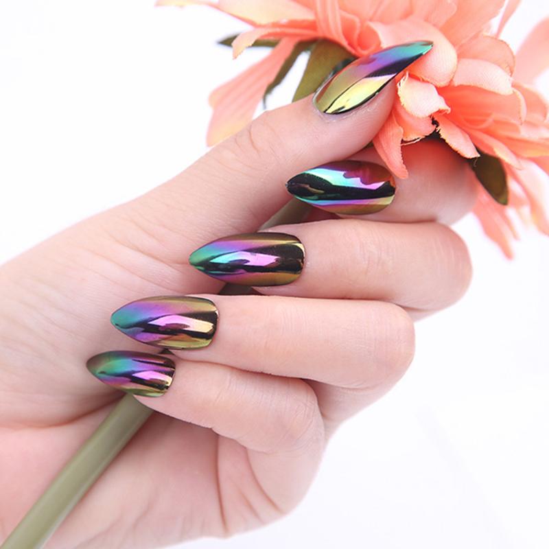 

24pcs/Set Mirror Reflective False Nails STILETTO Metallic Symphony Fake Tips With Glue Sticker Easy for Daily Wear Tips Tr#61