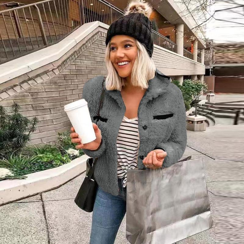 

Fashion Women' Winter Warm faux fur coat Turn-down Collar Outwear Ladies Coat Overcoat Casual Streetwear Short Outercoat, Gray