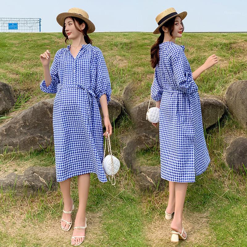 

8608# Maternity Clothes Summer Cotton Plaid Short Sleeve Loose Stylish Dress for Pregnant Women Pregnancy Clothes1, Blue