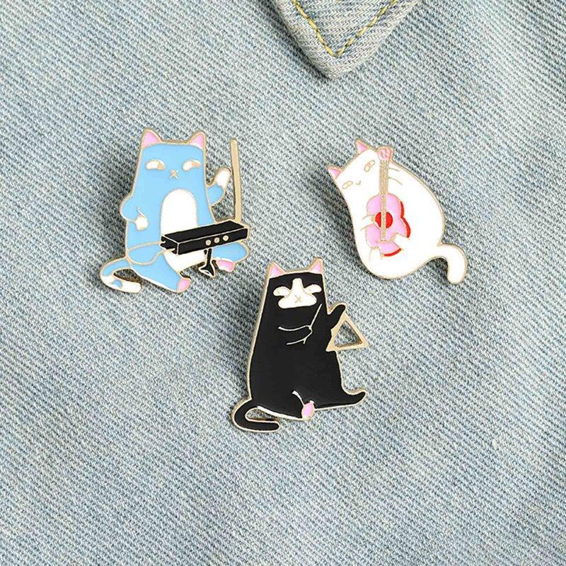 

Funny guitar cat brooch, kitten musical instrument playing pin, painted enamel collar backpack badge, gift for friends