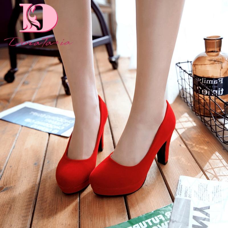 

Tasia 2020 Hot Sale Large Size 43 Flock Women Pumps Round Toe Square Heels Platform Summer Casual Women Shoes, Black