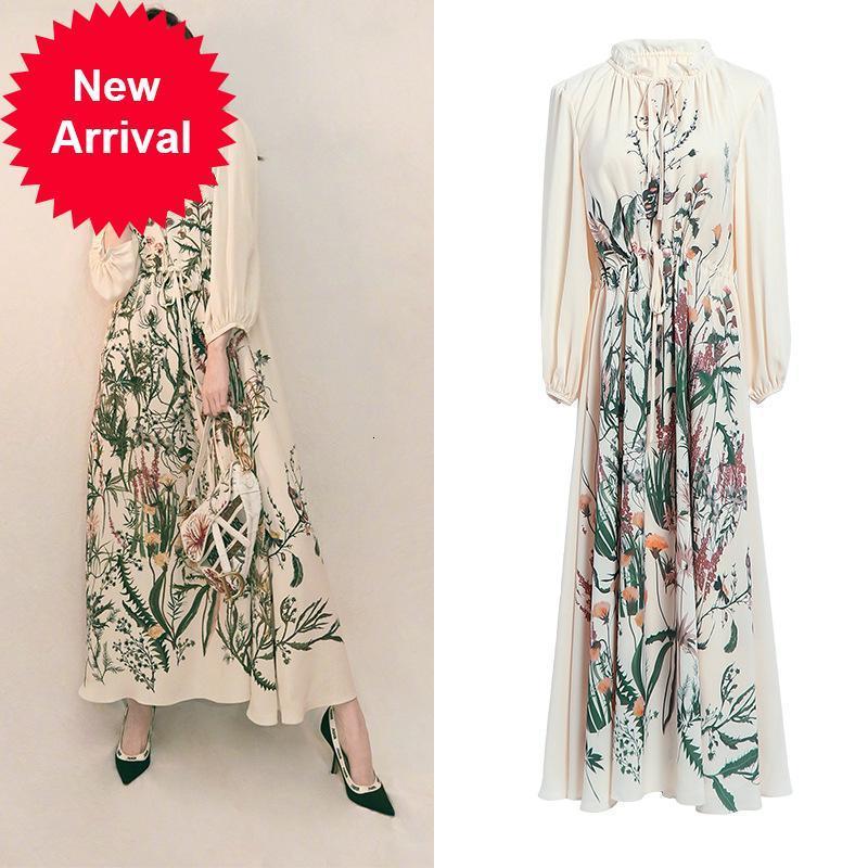 

Luxury 2021 New Runway Printed Chiffion Loose Long French Female Fashion Vintage Bow-up Embroidered Floral Dress EMKS, Blue