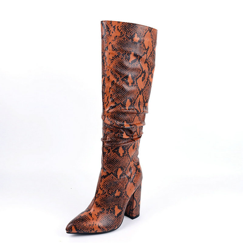 

2021 Fashion Knee High Multicolor Faux Snake Long Woman Serpentine Color Boots Winter New Plus Size 43 Sp3m, Brown