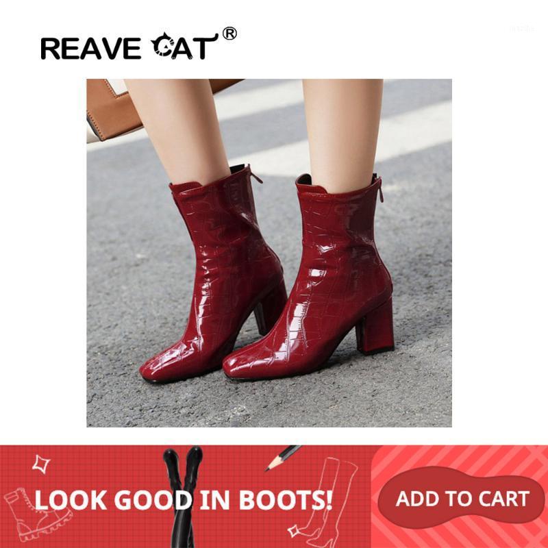 

REAVE CAT Sexy Women Ankle Boots PU Slip on white Color Square Toe High Heels Autumn Spring Women back zipper Boots size 44 451, Wine red