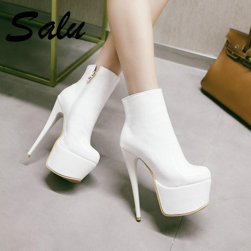 

Salu Thin High Heels Booties Woman 2020 Pu Leather Platform Female Ankle Boot Zip Women Shoe Female Winter Footwear Size 44, Black
