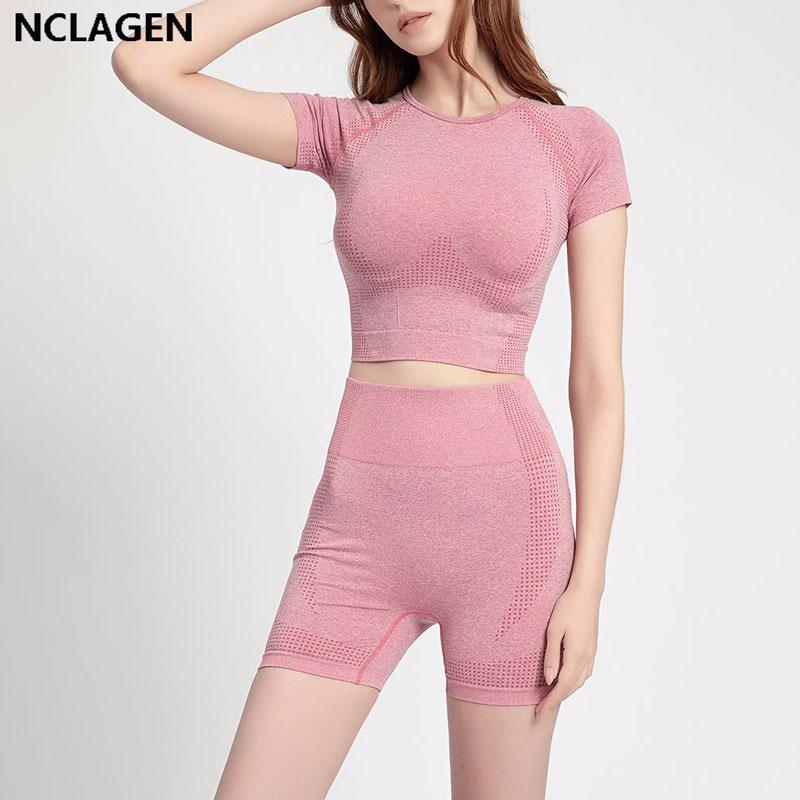

Seamless Yoga Set 2 Piece Women Tracksuit Summer Fitness Suit T Shirt Short Gym Elastic Sportswear Workout Clothes NCLAGEN, Black