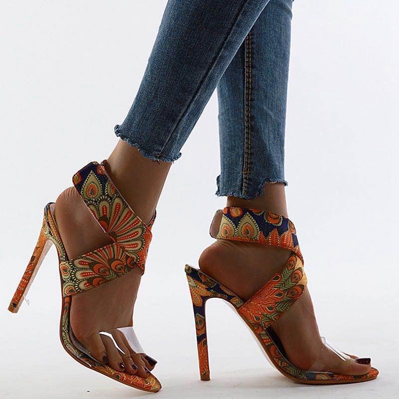 

2021 gladiator sandals women10.5cmHigh Heels Summer Transparent PVC Printing Peep Toe Sexy Party Shoes Feminina size 43 375, Printing color