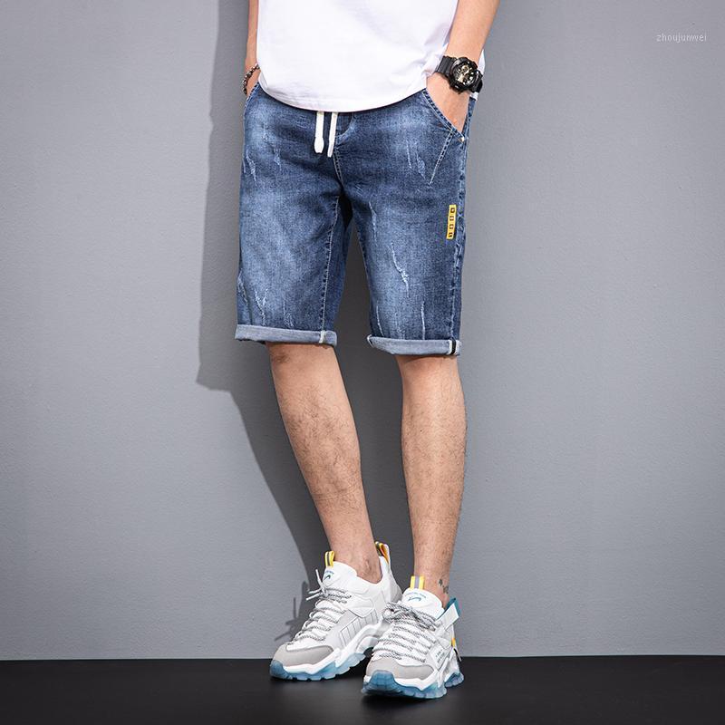 

Summer Lightweight Straight Denim Shorts Trendy Fashion Brand Young Men Embroidered Moustache Effect Lace-up Casual Men's Jeans, Blue