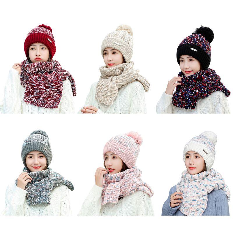

Womens Winter Warm Chunky Knitted Plush Lined Pompom Beanie Hat Long Scarf Set