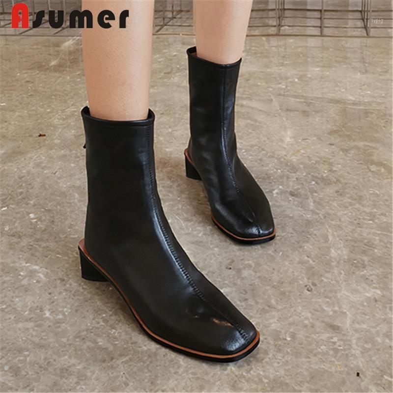 

ASUMER 2020 new genuine leather boots square toe zip ladies ankle boots med heels simple autumn winter big size 34-431, White not fur