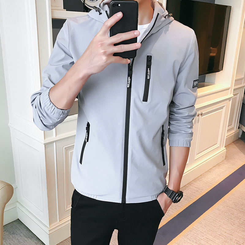 

2021 New Fashion Hooded Casual Jacket Spring Autumn Men Outwear Zipper Pocket Slim Fit Men's Clothing Brand Size 4xl Plfz, Gray