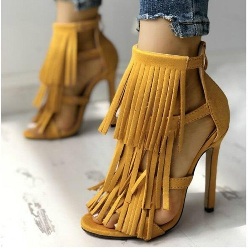 

2021 Fashion Big Size 43 Thin Heeled Sandals Stiletto Summer Fringe Tassels Sandals Sexy Party Gladiator Women's Shoes Woman, Black