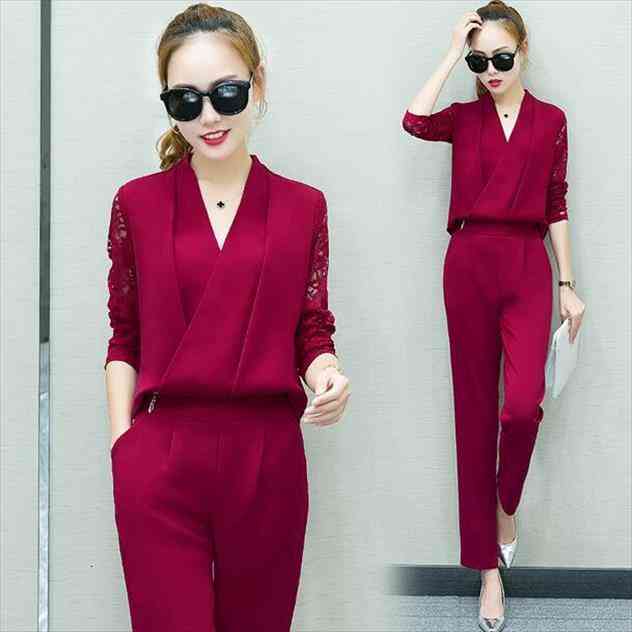 

women 2 piece set women suit female long sleeve lace work clothes trousers two-piece sets foot trousers dr803, White