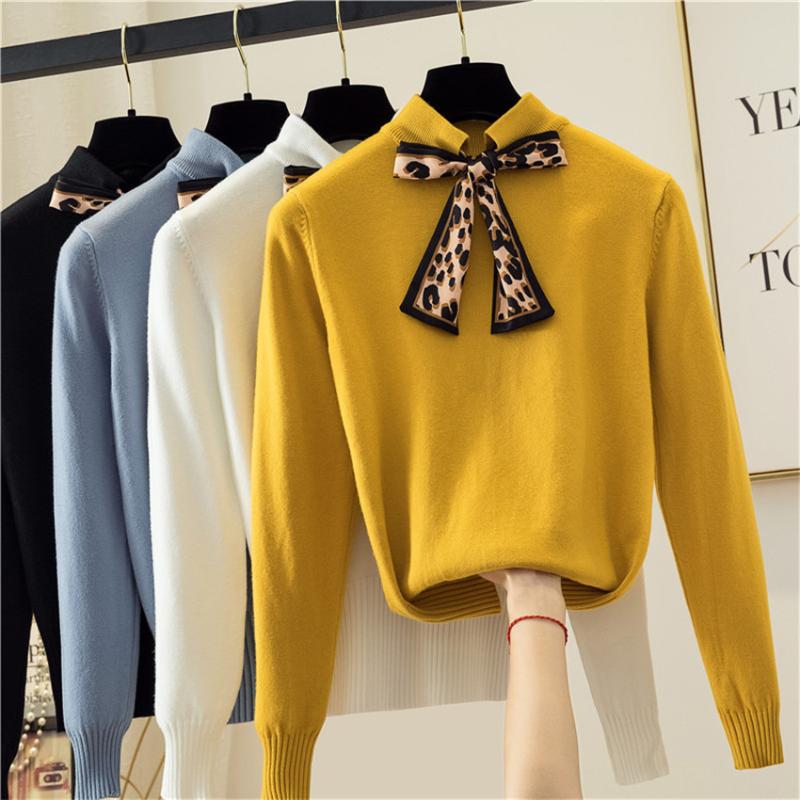 

20 Slim Women O-neck Sweater Female Leopard Bow knitted Sweater Autumn Ms Short Sweaters Pullovers Basic Tops Bottomings WZ1240, Black